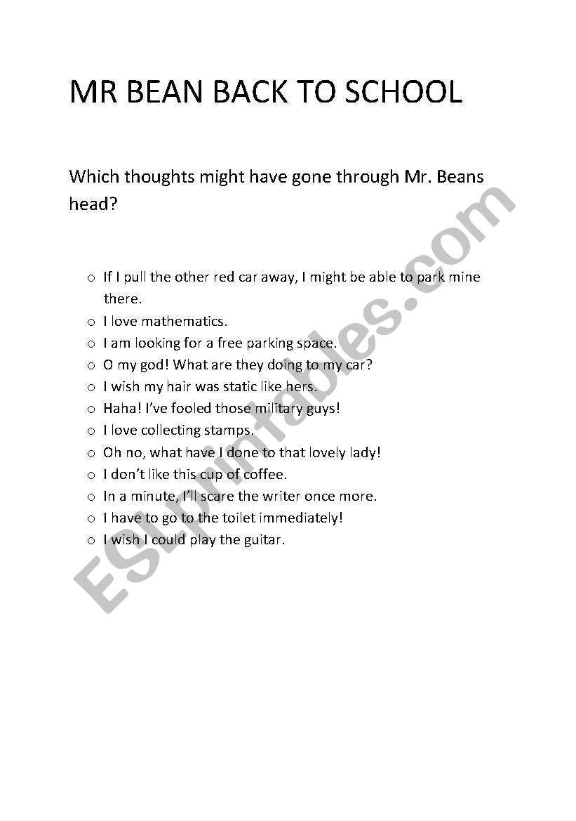 MR Bean Back to school worksheet