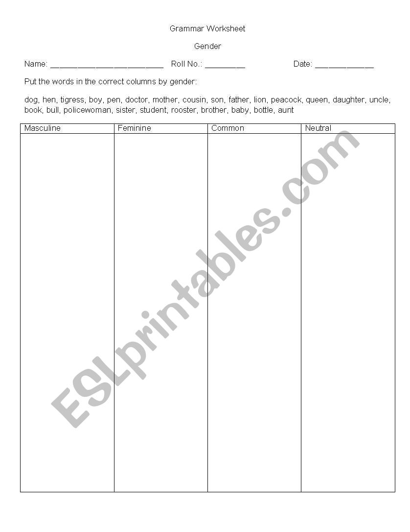 Gender Noun Types worksheet