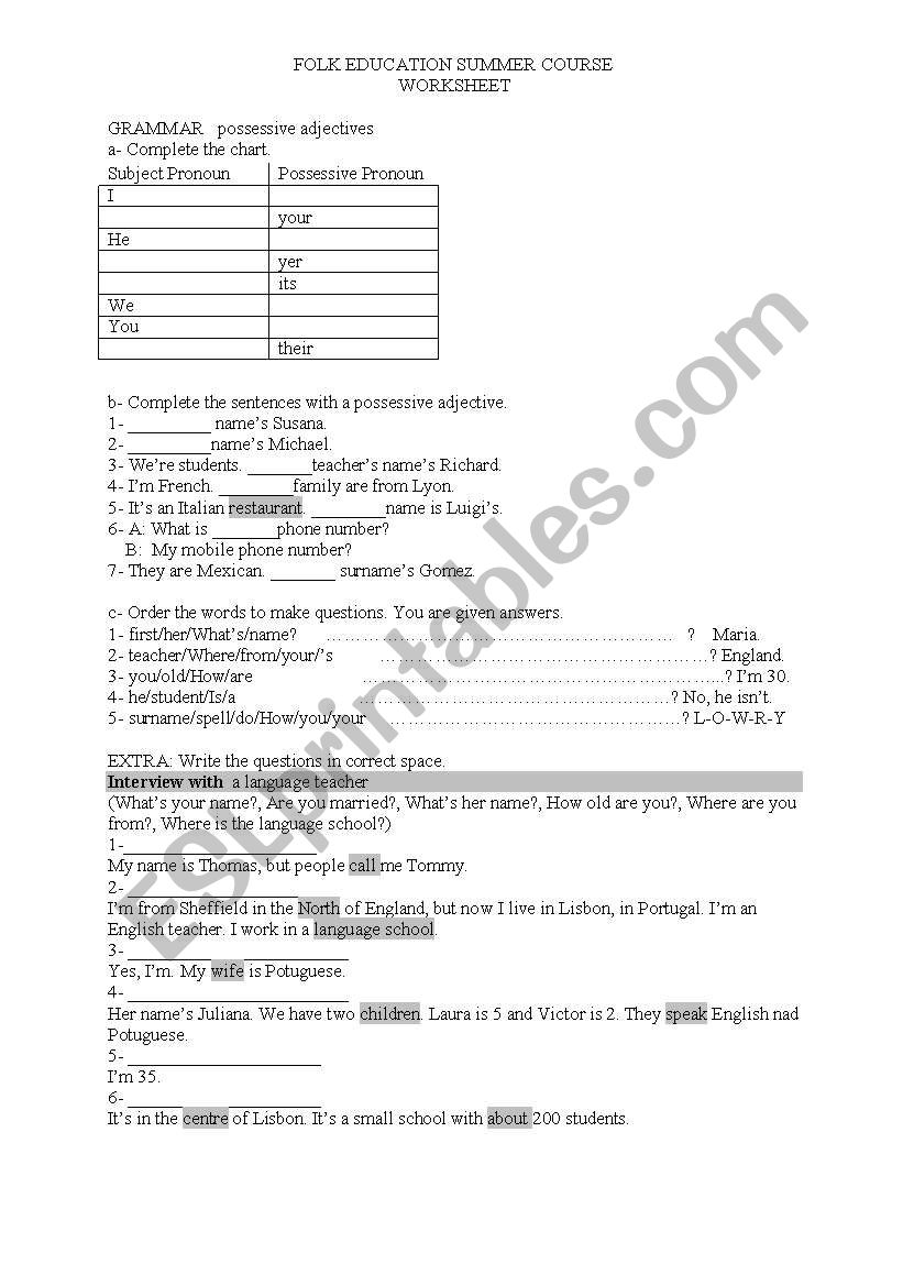 possesive adjectives worksheet
