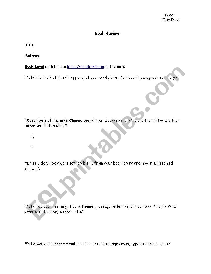 Book Review Worksheet worksheet