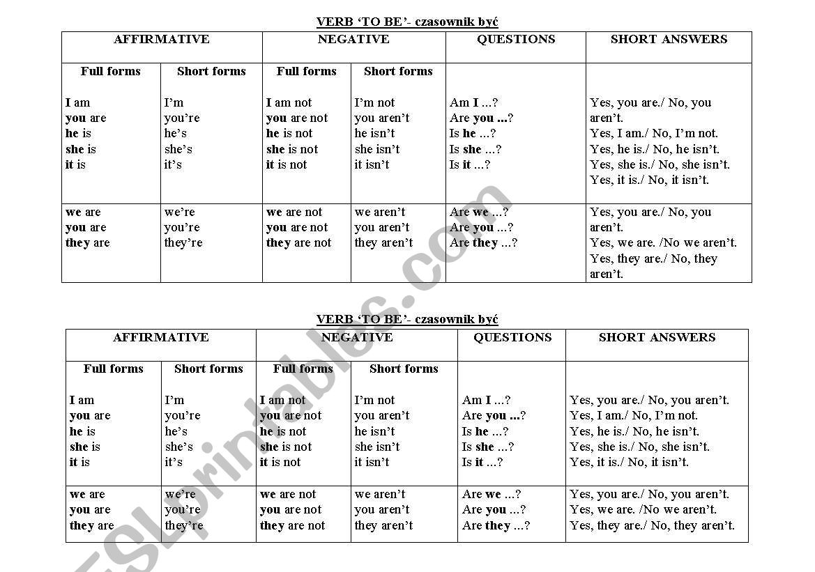 to be table worksheet
