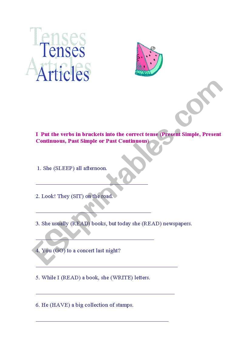 Tenses, Articles worksheet
