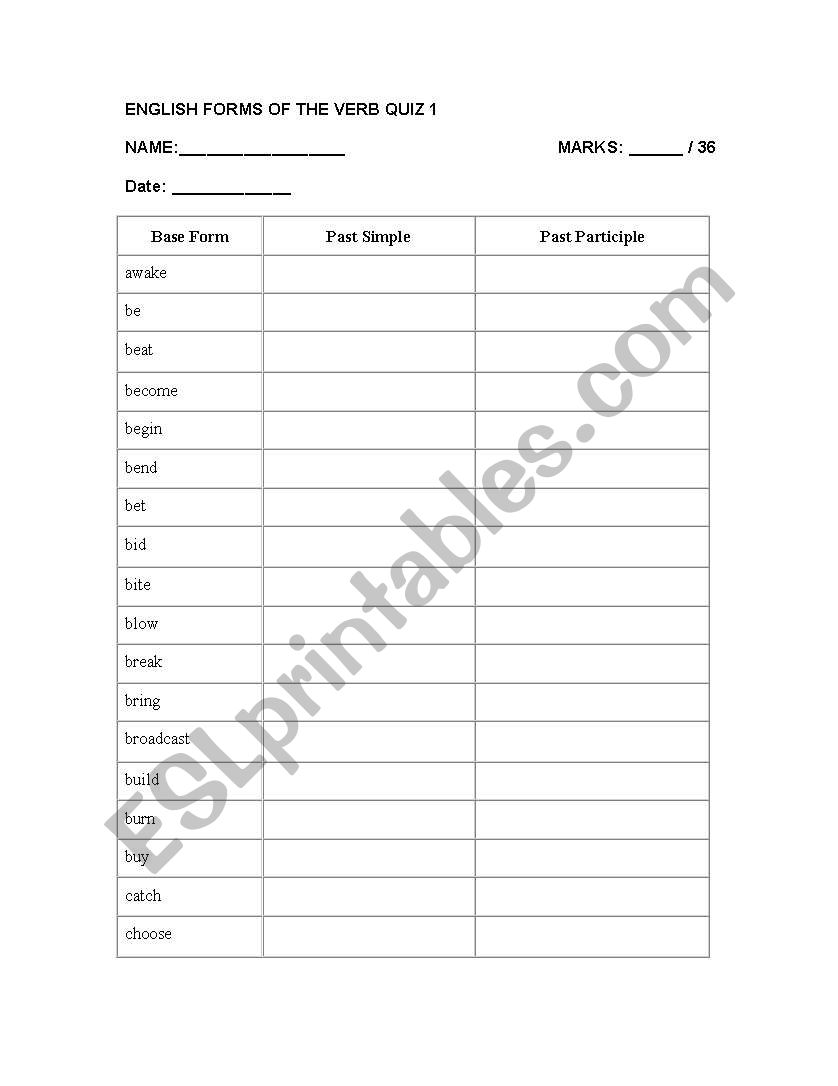 ENGLISH FORMS OF THE VERB QUIZ 1                        