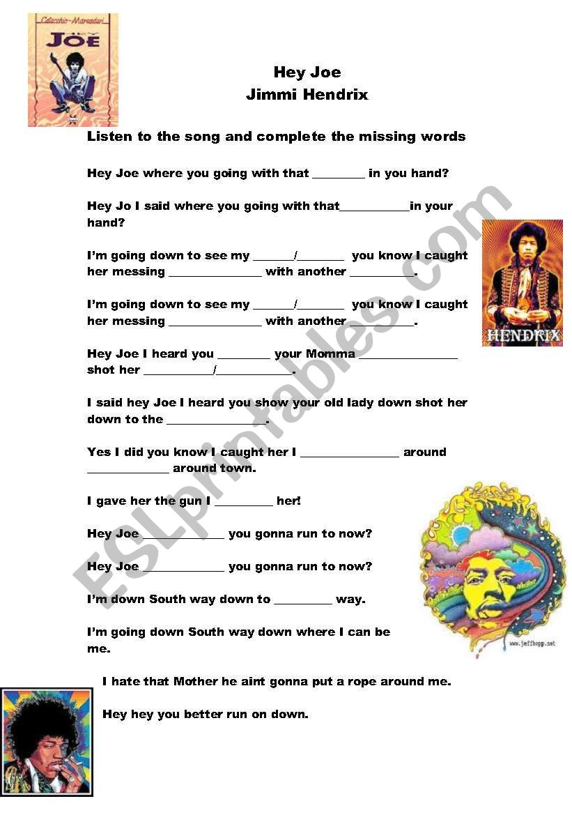 Hey Joe Cloze worksheet
