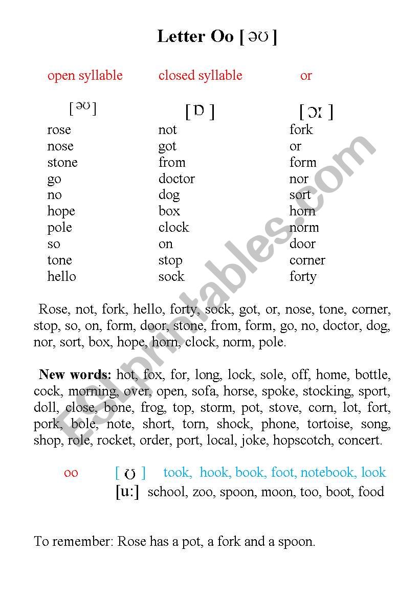 Letter Oo (three types of syllables) and oo