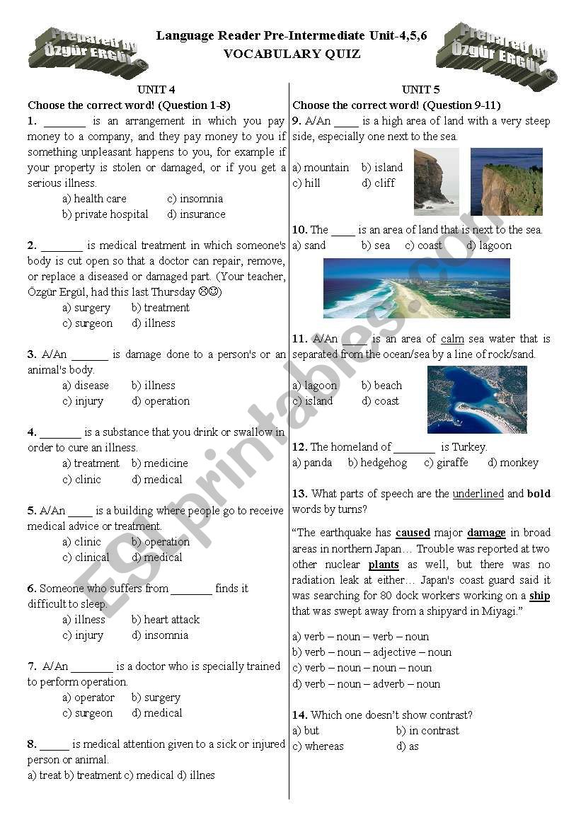 Vocabulary Quiz for Language Reader Pre-Int Unit-4,5,6 - ESL worksheet ...