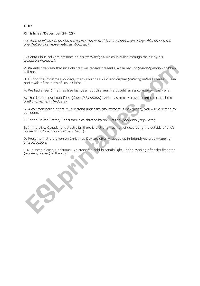 christmas quiz worksheet