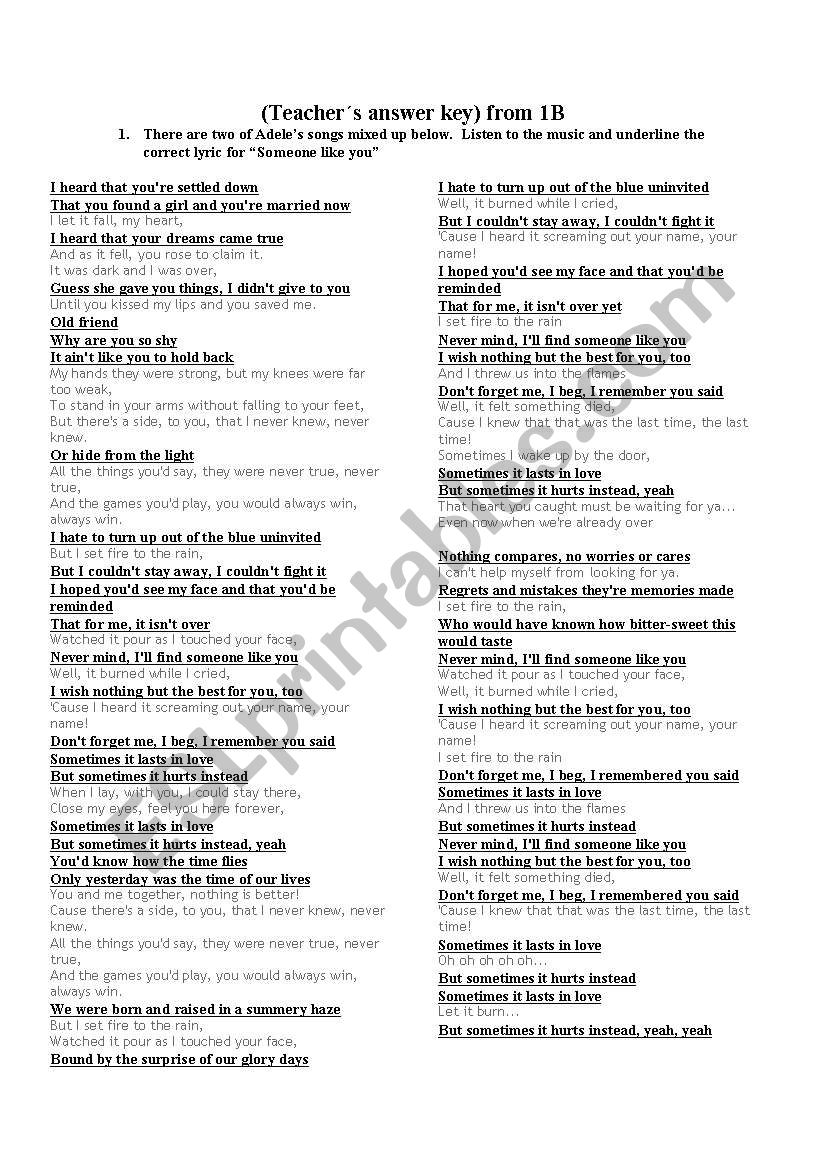 Someone like you by Adele worksheet