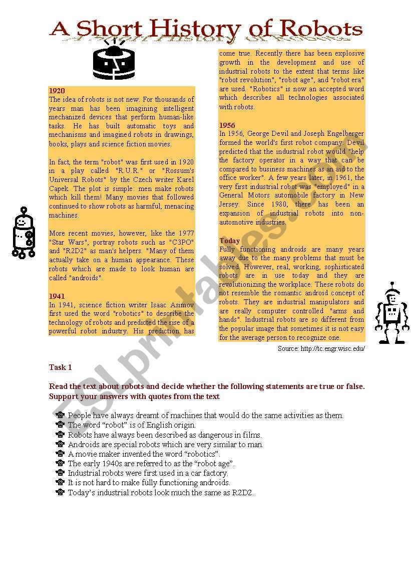 A Short History of Robots worksheet