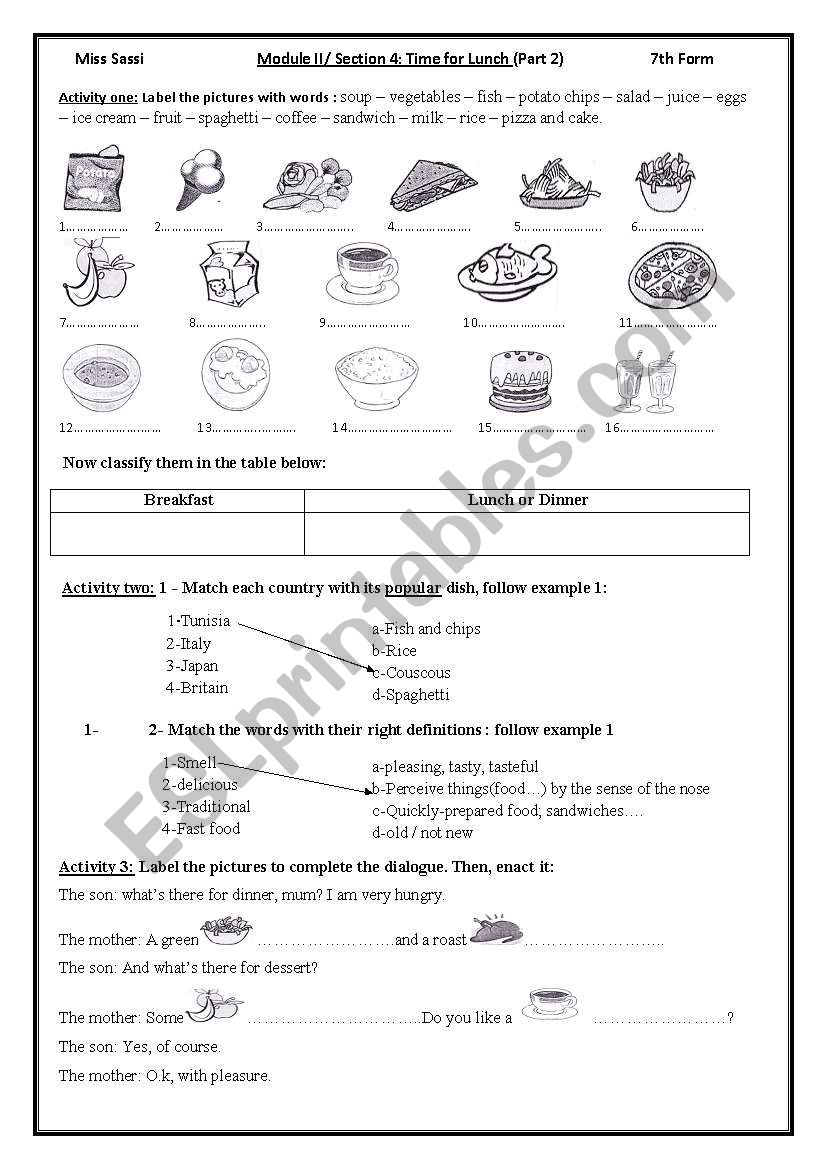 Time for lunch worksheet