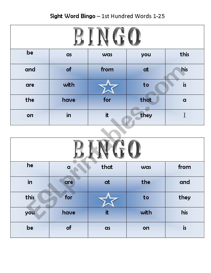 Sight Word Bingo worksheet