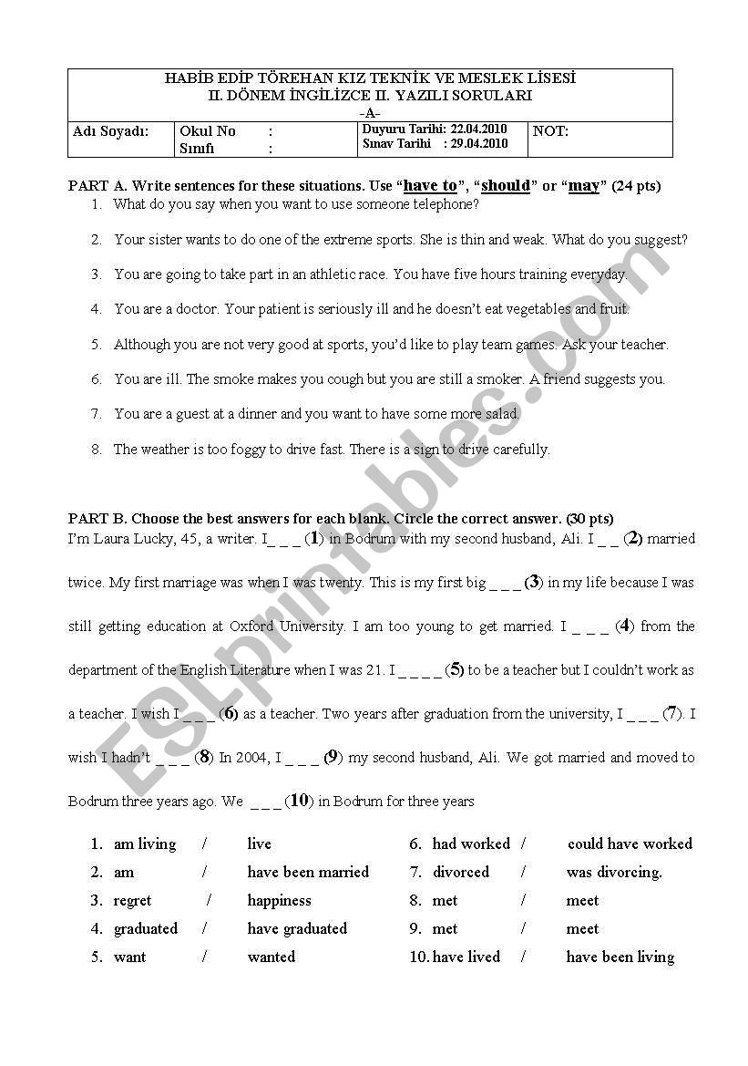 English exam worksheet