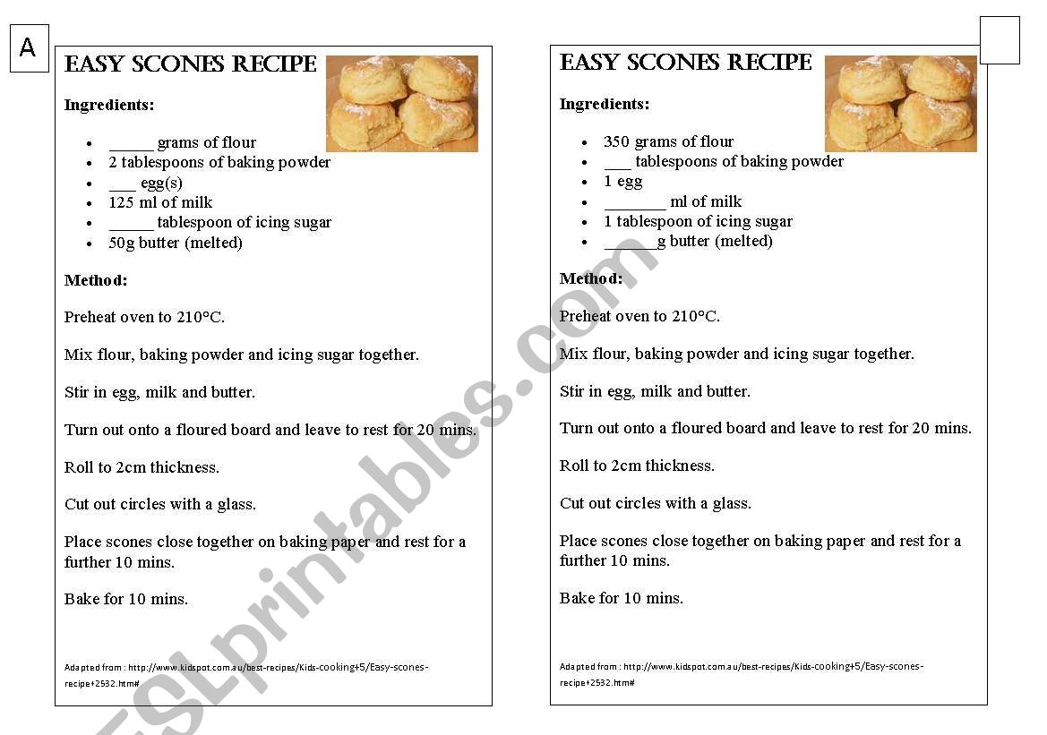 scones recipe - pairwork worksheet