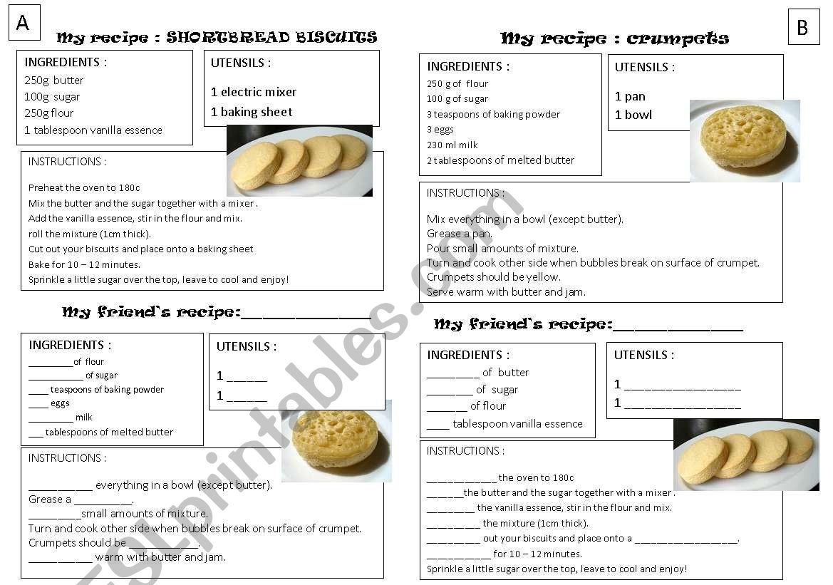 two recipes - pairwork worksheet