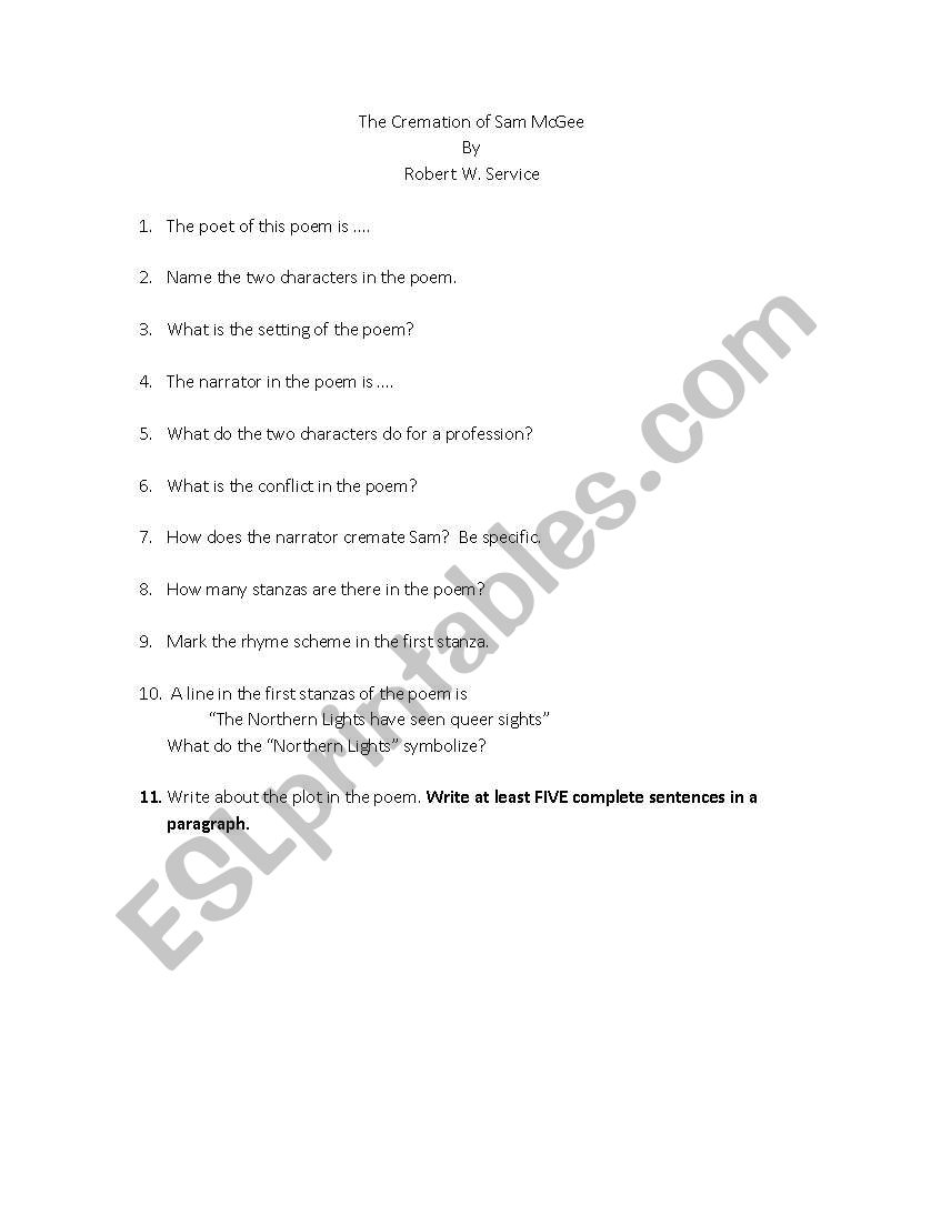 The Cremation of Sam McGee Worksheet