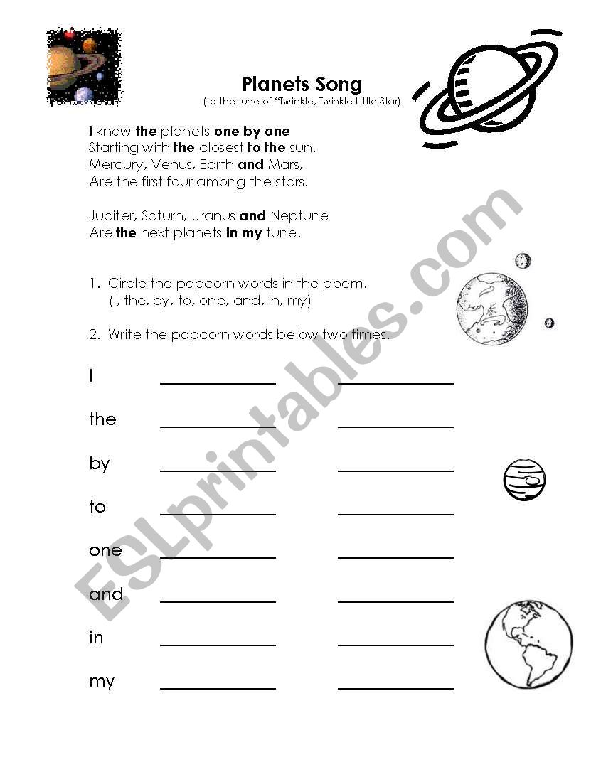 Planets Song worksheet