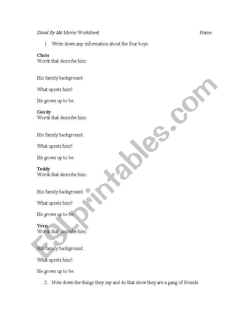 Stand By Me Film Worksheet worksheet