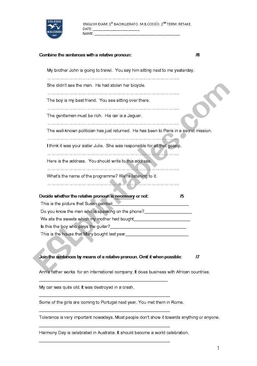 1st Bach 2nd Term EXAM worksheet