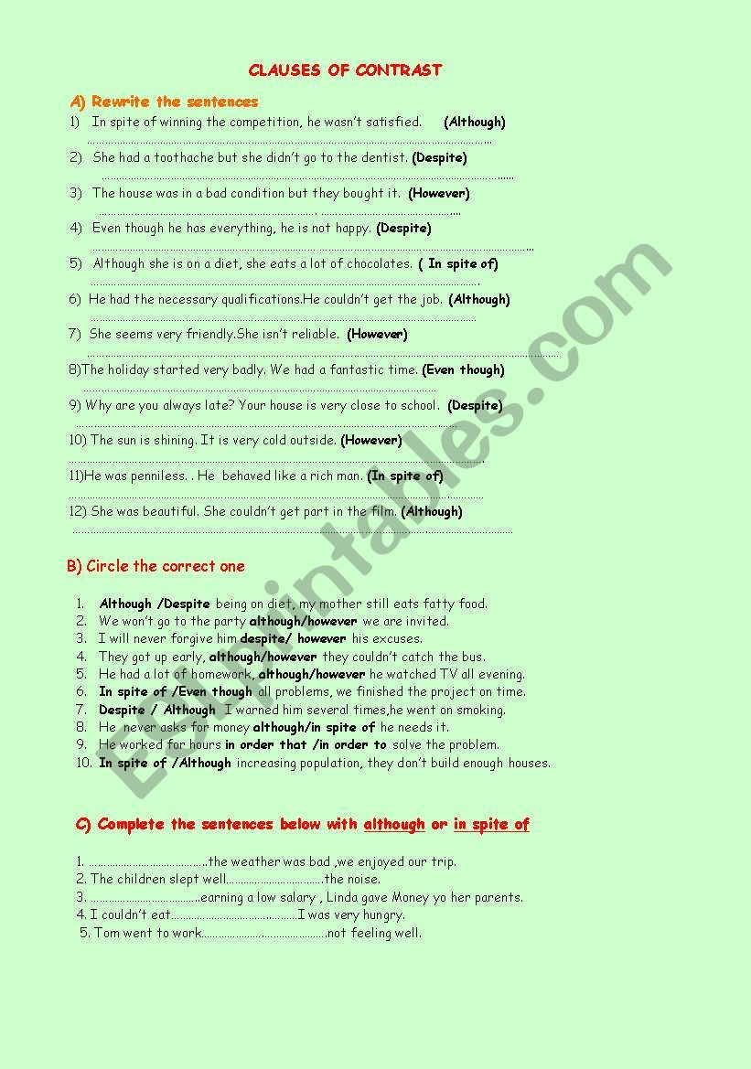 Clauses of contrast  worksheet
