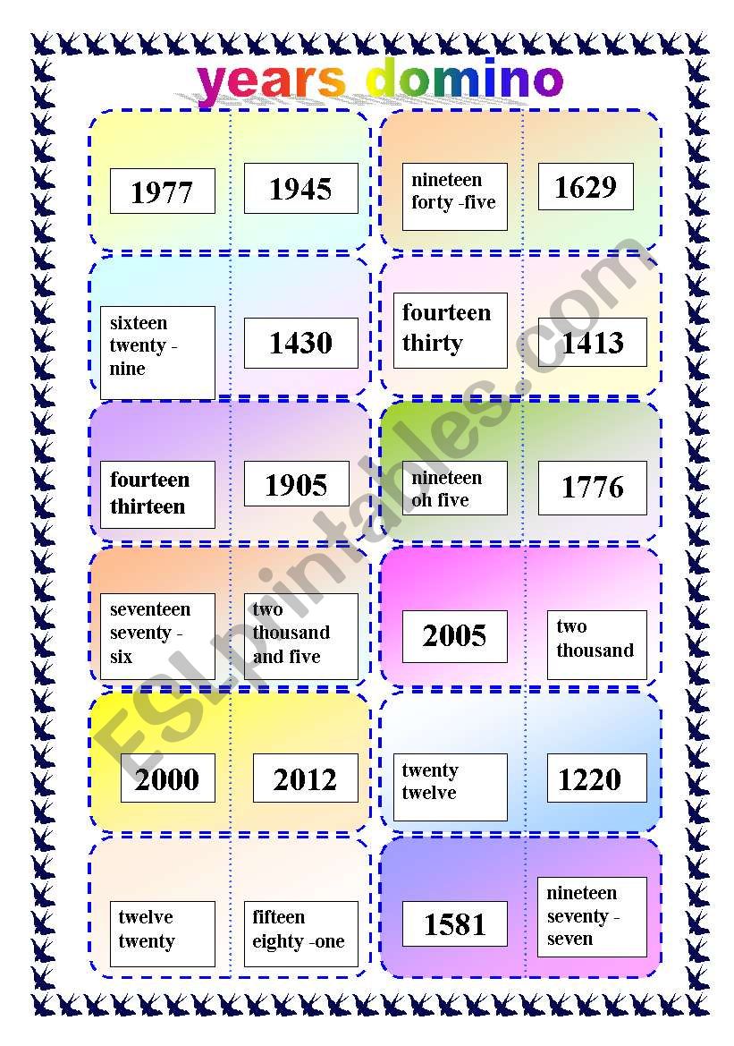 Years domino worksheet