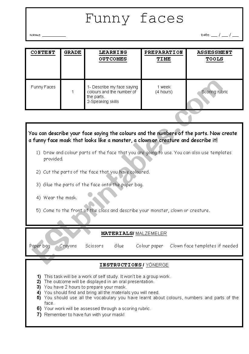 Funny Face Project worksheet