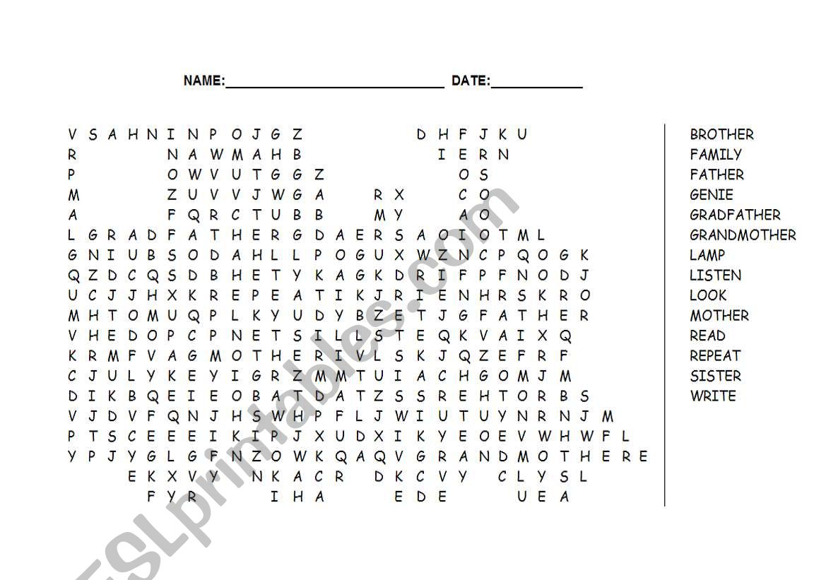 Wordsearch -Family members worksheet