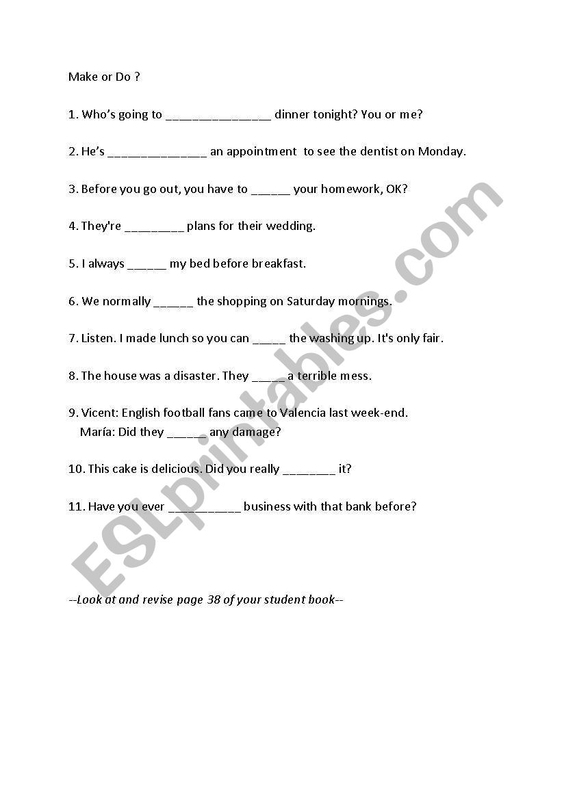 Make / Do Worksheet (P-INT) worksheet