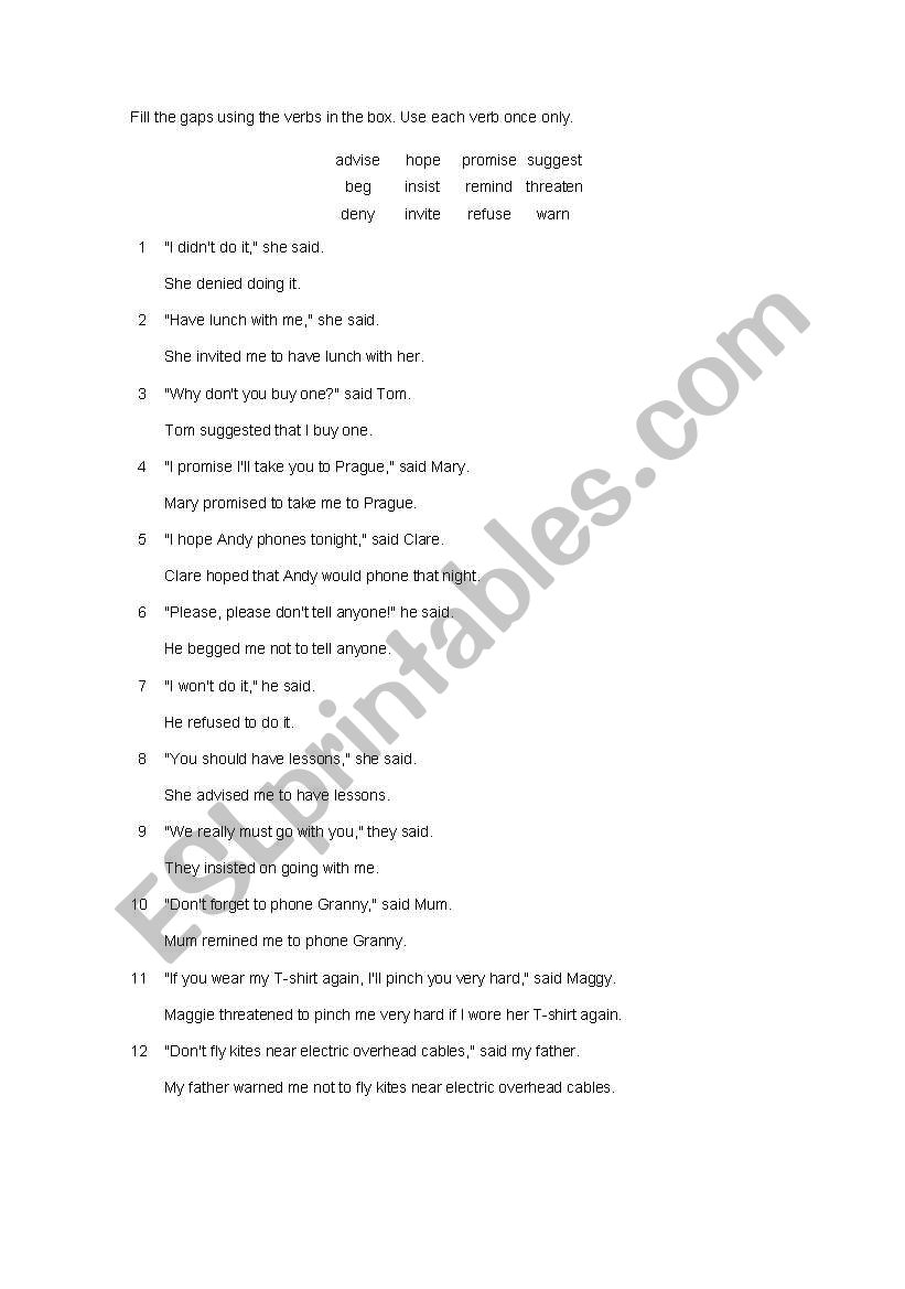 Reporting verbs worksheet