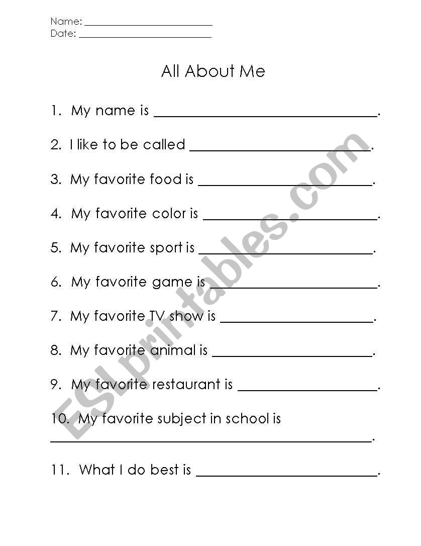 All About Me worksheet