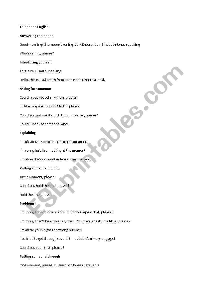 telephone worksheet