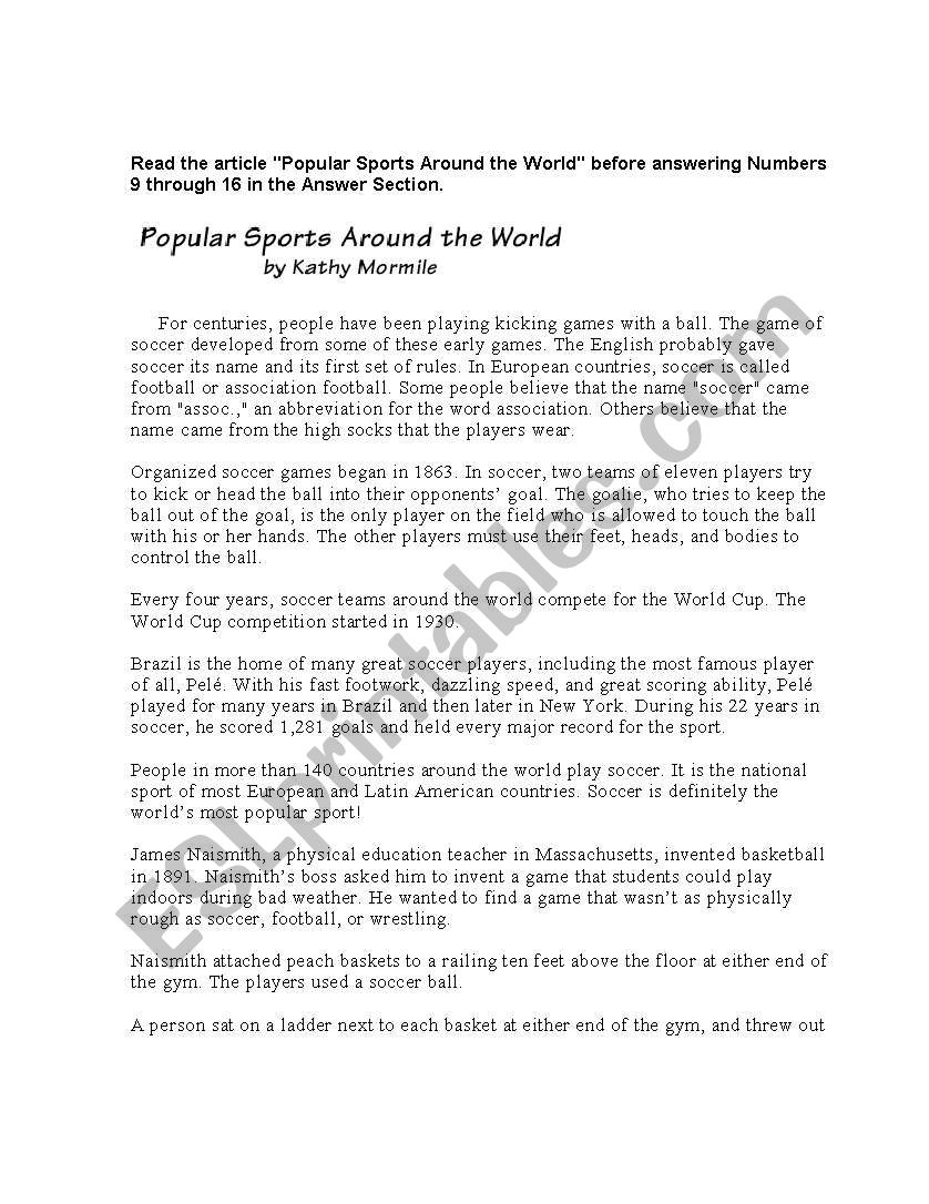 Sports - football worksheet