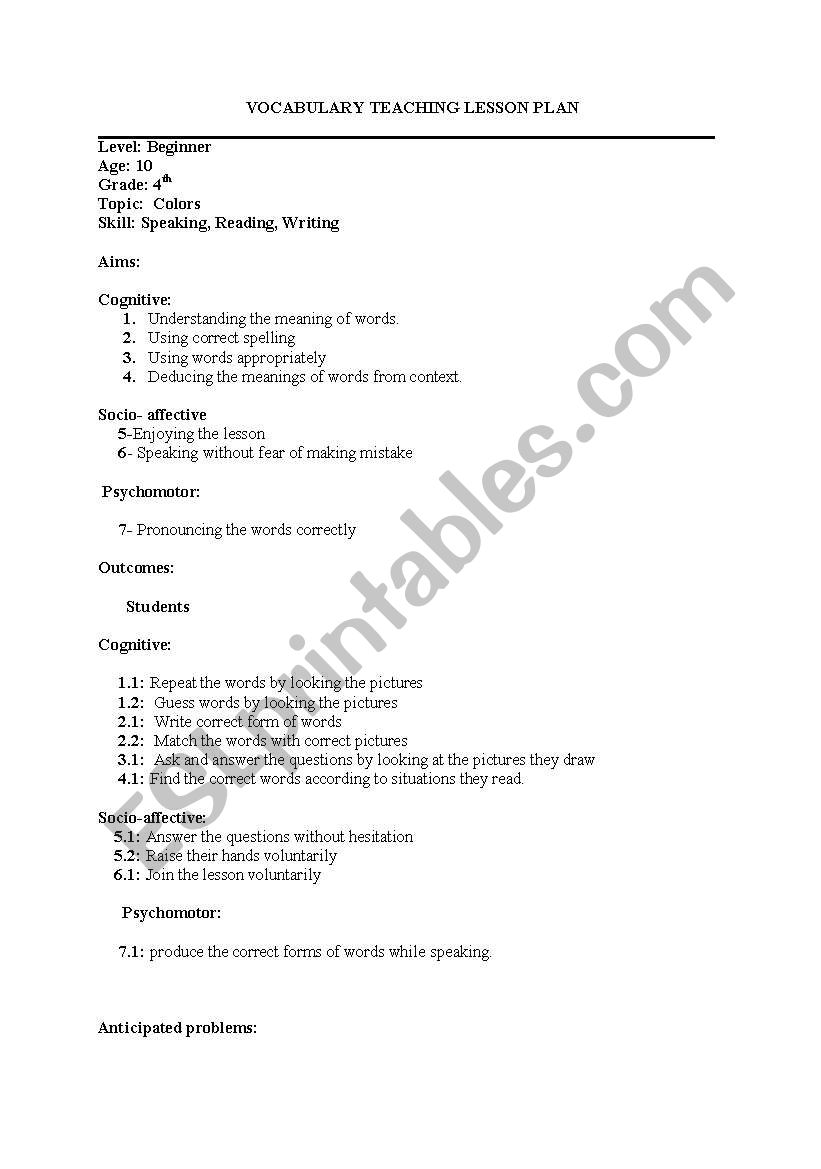 vocabulary plan  worksheet