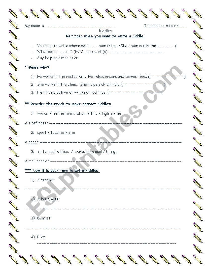 Jobs riddles worksheet