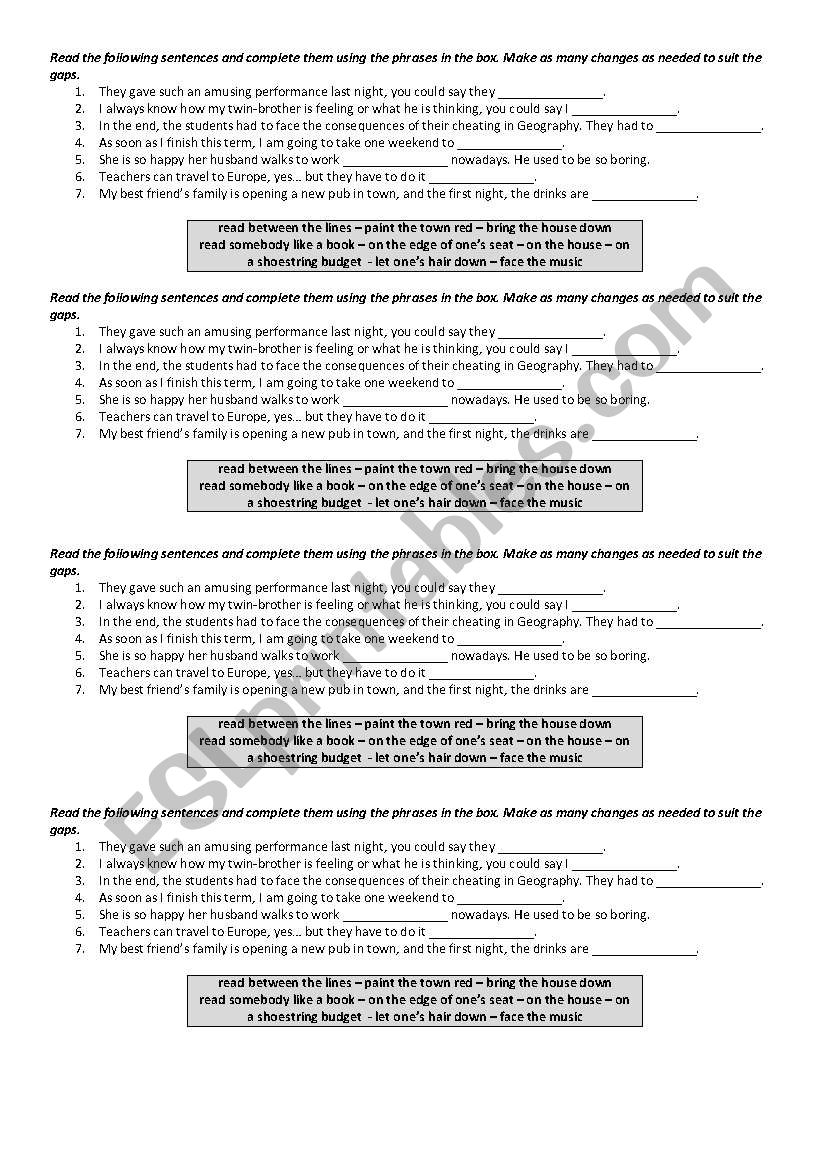 Idioms - short test worksheet