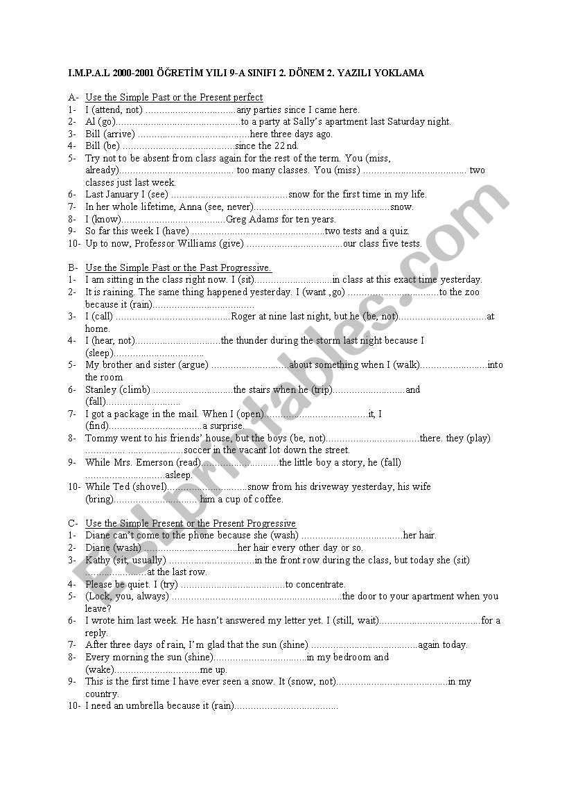 exam worksheet