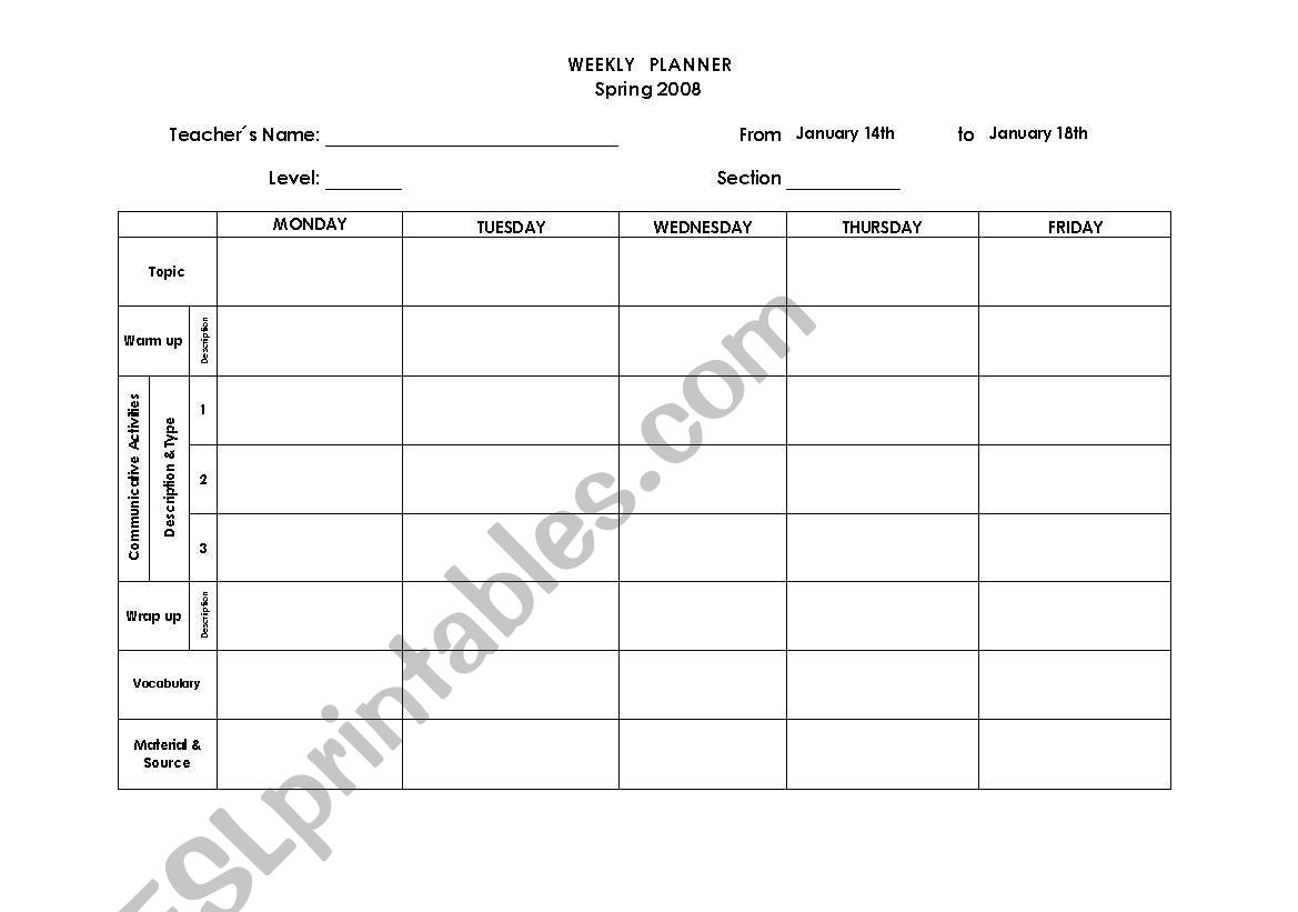 Weekly Planner worksheet