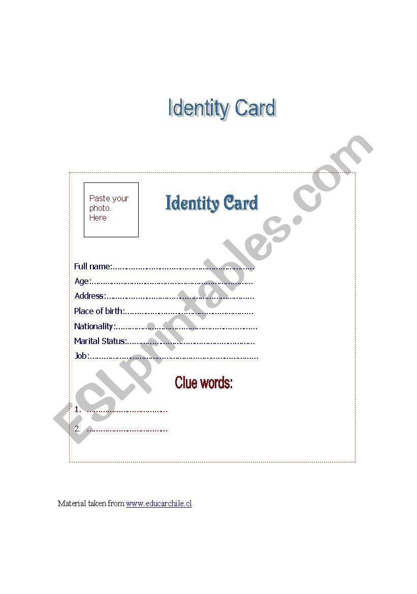 Identity card worksheet