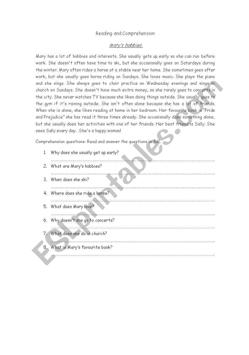 Reading and comprehension worksheet