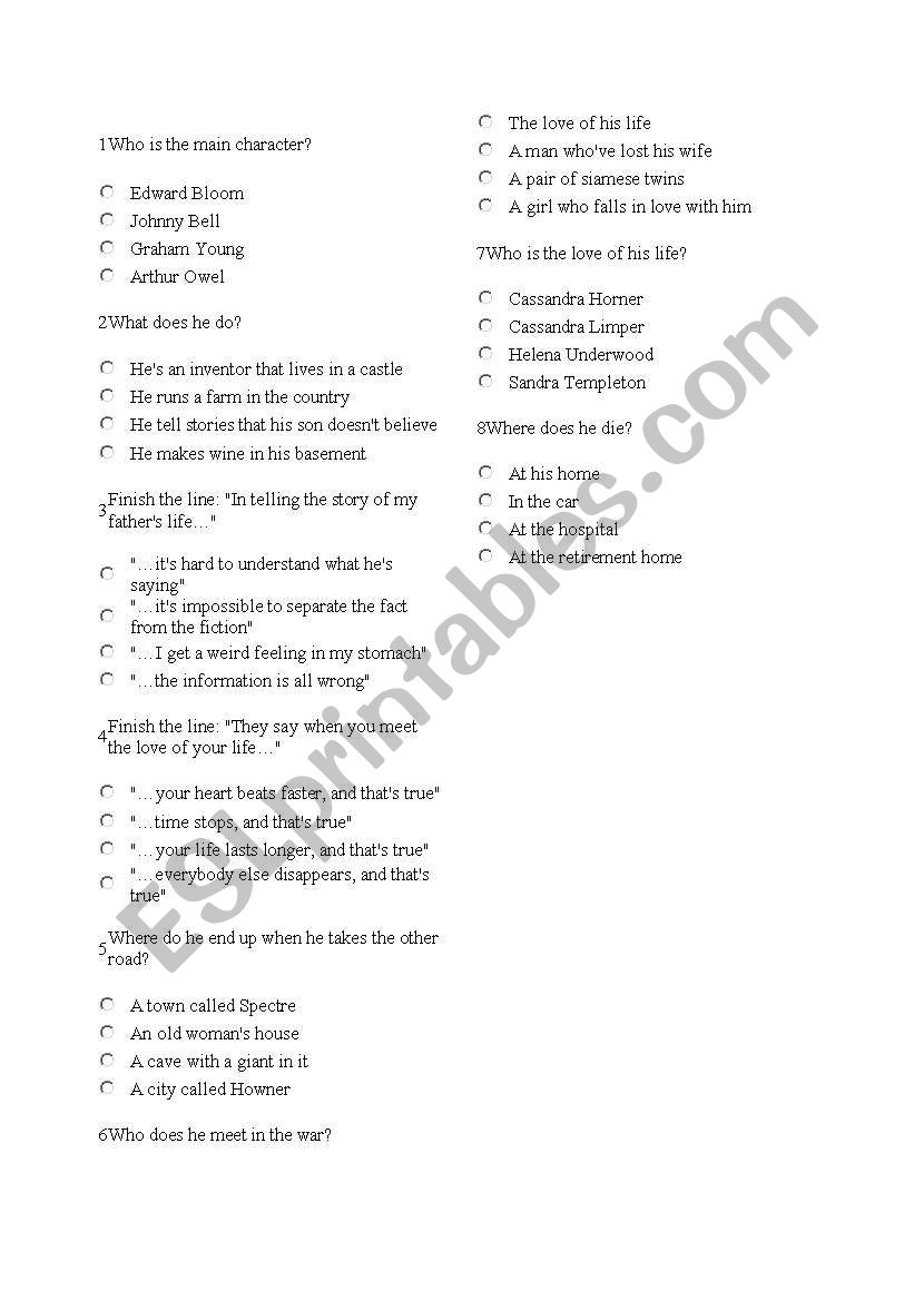 Big fish movie quiz worksheet