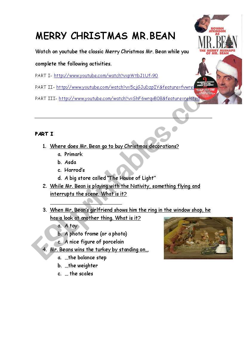 Video activity Merry Christmas Mr. Bean ESL worksheet by pepe74