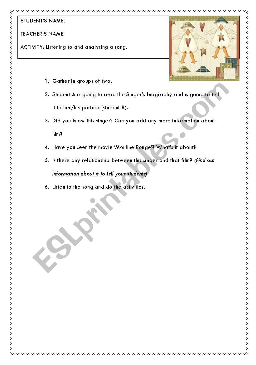 Rufus Wainwrights SONG worksheet