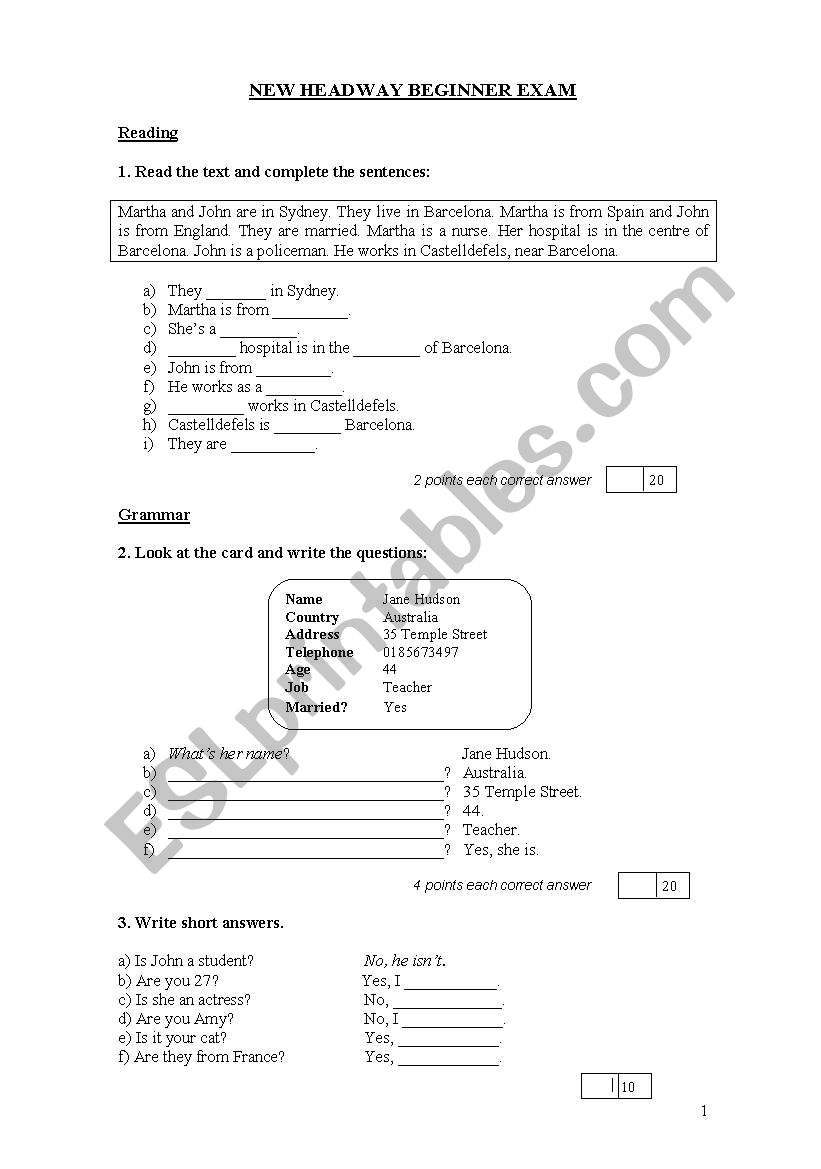 New Headway Beginner Exam worksheet