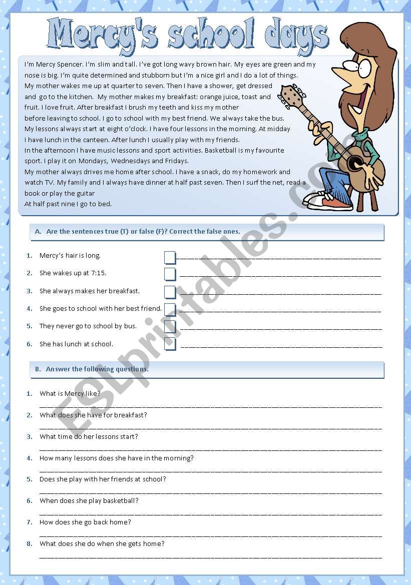 Mercys school days worksheet