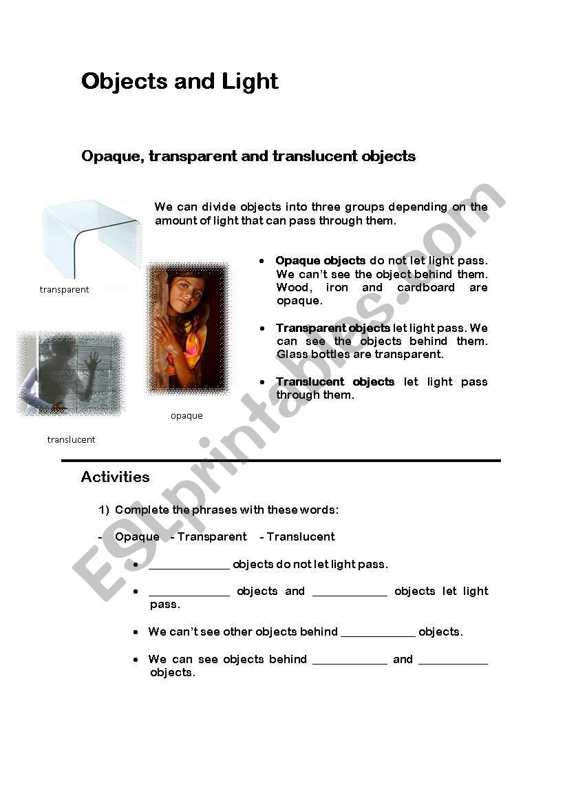Objects and Light worksheet