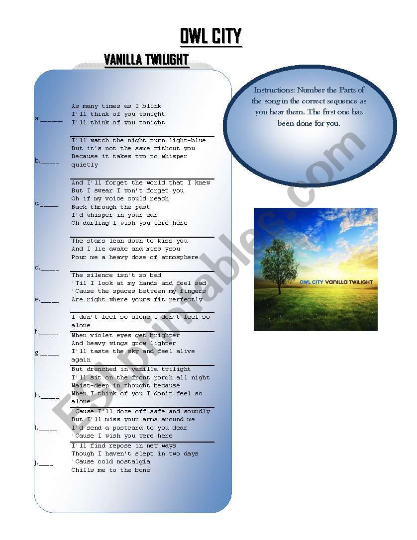 Owl City - Vanilla Twilight worksheet