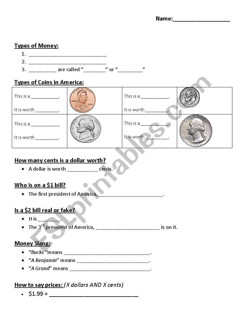 American Money  worksheet