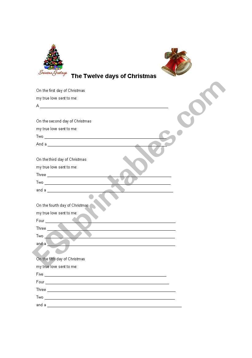 Twelve days of Christmas worksheet