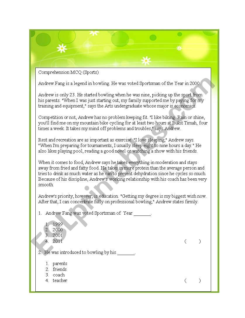 Comprehension MCQ worksheet