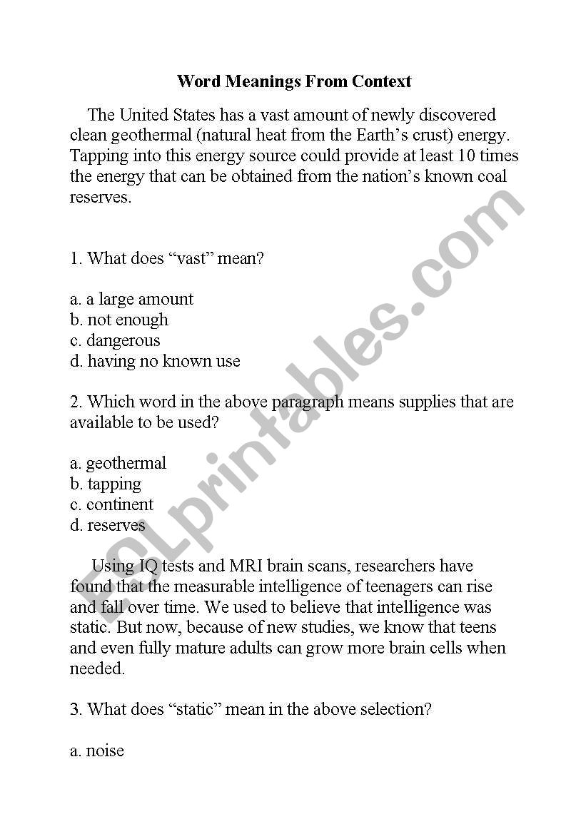 Word Meanings From Context worksheet
