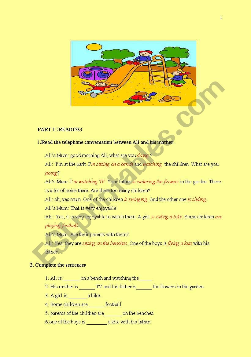 worksheet related to present continuous tense